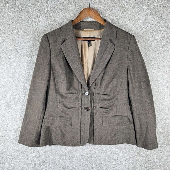 Escada‎ Blazer Jacket Black Tan Women's 42 Wool Two Button Ruched Pockets - Picture 1 of 9